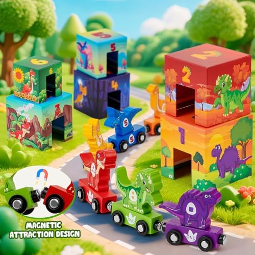 Atoylink Toddler Dinosaur Sorting and Stacking Toys with Magnetic Wooden Dinosaur Train Set, Baby Number Blocks Nesting Boxes Preschool Learning Montessori Toys for 3 Year Old Boys Girls Gift - Image 4