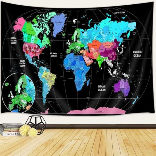 World Map Tapestry for Kids Student, World Map with Countries and Major Cities Tapestries Educational Asia Europe South City Topography America Africa Japan Wall Tapestry 90X70 Inch(Turquoise) - Image 2