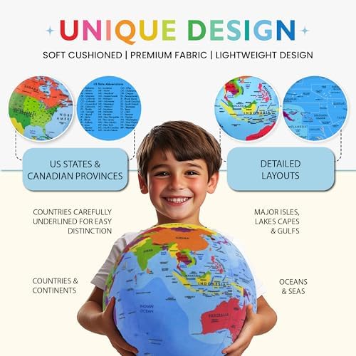 OneZa 12” Soft World Globe for Kids | Fun & Educational, Playfully Colored with US States Legend and Canadian Provinces | Interactive Globe to Learn through Play | Geography for Kids Toys - Image 2
