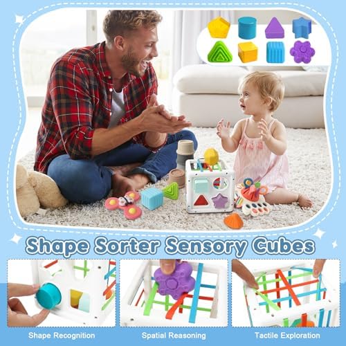 6 in 1 Montessori Baby Toys for 6-12 Months — Pull String Toy, Sensory Bin, Stacking Cups, Tissue Box, Suction Cup Spinner, Stacking Blocks, Infant Gift Set for 1-3 Year Old Boy Girls - Image 5