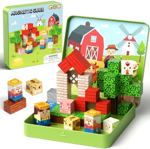 Mini Magnetic Blocks for Travel Toys: 49 Pcs Farm Animals Iron Storage Box by hunloot