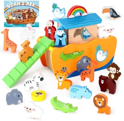 Hoarosall 27-Piece Wooden Noah's Ark Toy for 1-3 Year Olds Baptism Christmas Birthday Gift Bilingual Bible Story Montessori Shape Sorter Christian Educational Toy for Boys Girls by Hoarosall