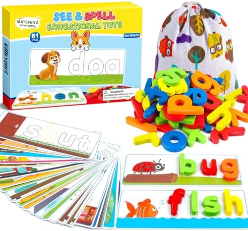 Officygnet Learning Toys for 3 4 5 6 Years Old Boys and Girls, See & Spell CVC Word Builders with Alphabet Cards for Kids Ages 3-5, Matching Letter Game for Preschool Toddler Learning Activities by Officygnet