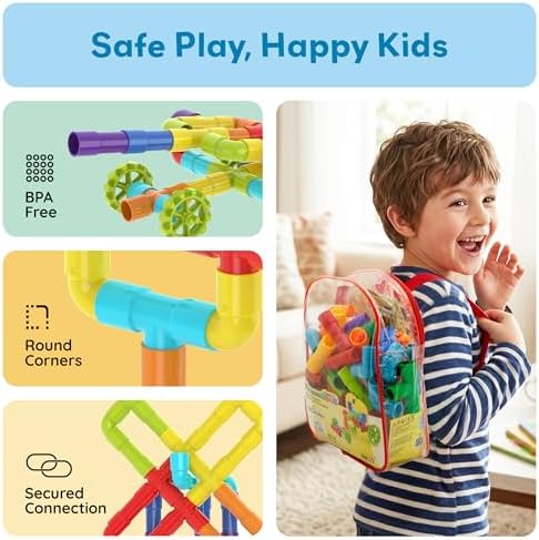PicassoTiles 76PC STEM Pipe Building Interlocking Tube Construction Toy with Wheels and Storage Backpack Creative Educational Brain Development Learning Blocks for Kids Ages 3+ Boys and Girls PTT138 - Image 6
