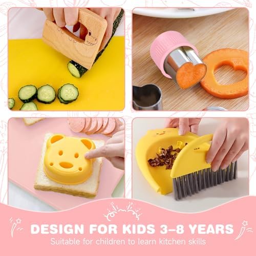 Suhctuptx Kids Knife Set for Real Cooking, Kids Kitchen Knives with Cutting Board Crinkle Cutters Cleaning Tools, Toddler Kitchen Toys Christmas Birthday Gifts for Girls Boy Age 2-10 - Image 6