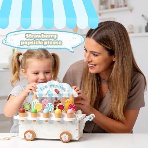 BROWNROOT Wooden Ice Cream Cart, Pull Along Pretend Play Toy for Kids - Image 6