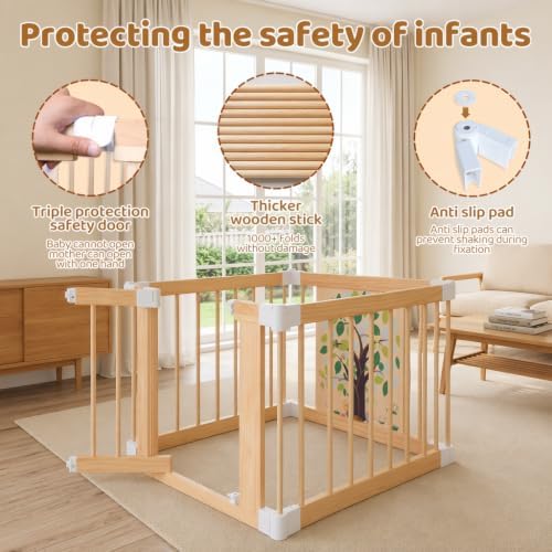 Wooden Baby Playpen with Child Safety Lock, 4-Panel Adjustable Foldable Play Yard for Toddlers, Tree Activity Board Montessori Playpen, Portable Indoor Baby Fence & Activity Center for Infant - Image 5