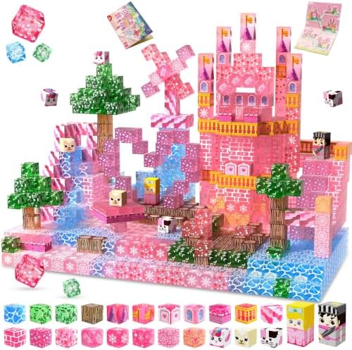 Magnetic Blocks - 100 PCS Transparent Magnetic Building Block for Kids, Pink Princess Castle Magnet Cubes Sets, Princess Toys for Girls Ages 3 4 5 6 7 8-12 Birthday Gifts by Magneverse