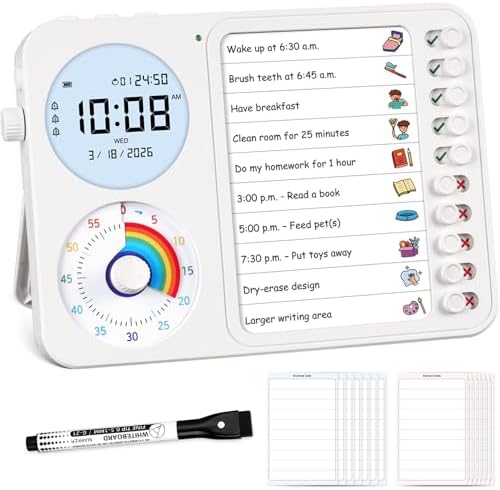 3-in-1 Visual Timer & ADHD Tool for Kids – ADHD Task Timer for Adults with Visual Schedule, Chore Chart & Planning Board for Home, School, Classroom, Work (White) by Nikafly