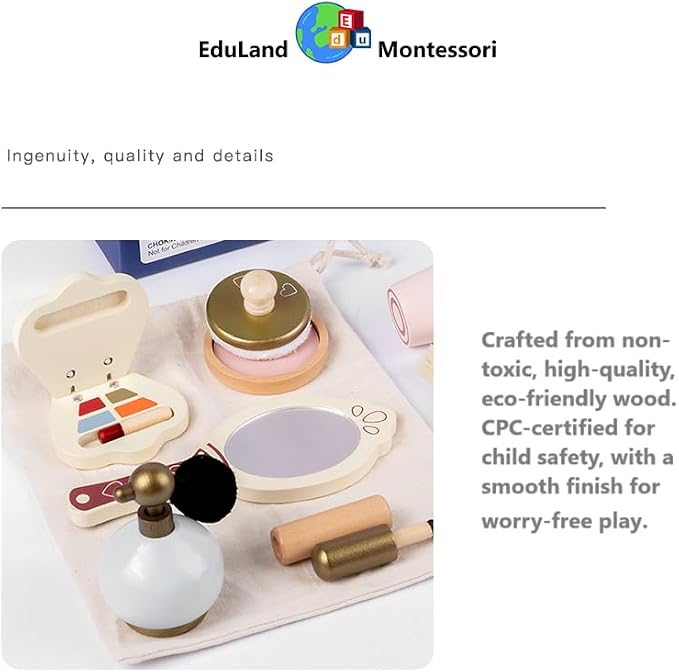 Practical Life Care of Self Wooden Makeup Toy Set 12-Piece Girls Imaginative Dress up Pretend Play Beauty Bag Makeup Set Toy for Girls Birthday Gift Ages 3 4 5 6 7 8+ Years Old - Image 8