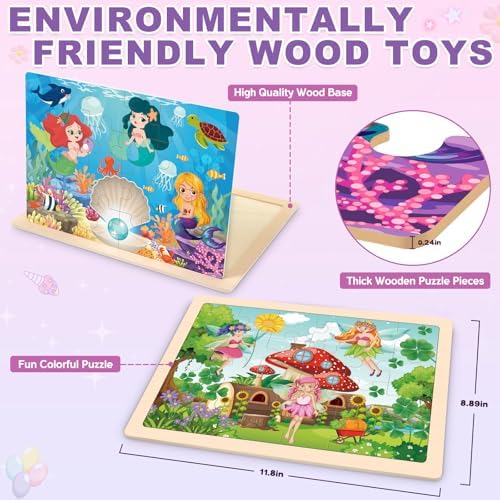 Puzzles for Kids Ages 4-6, 4 Packs Wooden Jigsaw Puzzles for Toddlers 2-4, Princess Unicorn Mermaid Fairy Preschool Educational Puzzles Boards Toys Gifts for Girls Boys 3 4 5 6 - Image 5