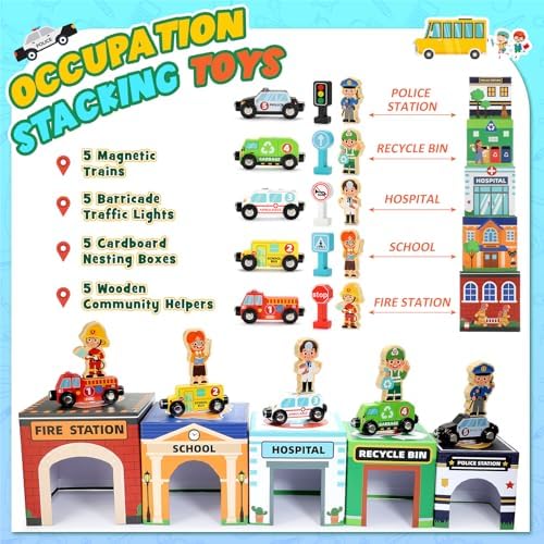 Baby Stacking Toys for Toddlers, Magnetic Wooden Cars & Garage Sorting Community Helpers Preschool Educational Learning Montessori Toys Birthday Gifts for Kids Number Blocks Nesting Boxes - Image 5