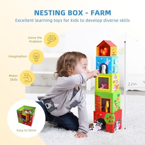 OOOK Montessori Toys for 1 Year Old, 7 in 1 Learning Educational Kit with Sensory Bin,Nesting Box, 3 in 1 Educational Box,Pounding Bench and Baby Stacking Cups - Image 5
