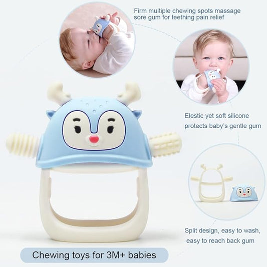 Smily Mia Reindeer Organic Baby Toys 0-6Months, Mitten for 3-6Months, Easy to Hold Stem with Chewing Nubs for Teething Pain Relief for 6-12Months Babies, Ocean Blue