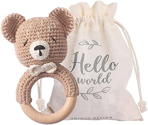 WOODEN TEETHER Baby Rattle, Shaker Toy,Crochet Baby Rattle, Crochet Baby Toys, Organic Wooden Newborn Toys, Newborn Animal Rattle Toys，Knitted Stuffed Animals Gifts for Baby, Kahki Bear by WOODENTEETHER