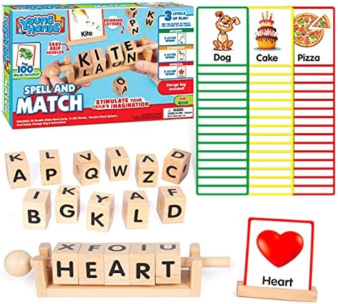 Wooden Reading Blocks - Spin, Spell & Match Words - 16 Alphabet ABC Blocks & 50 Cards with Images - Montessori Learning Reading Games Toy for Toddlers & Kids by CreativeKids