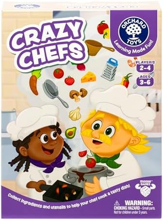 Orchard Toys Crazy Chefs Game - New Art, Help The Crazy Chefs Gather Their Ingredients & Utensils to Prepare a Delicious Meal, The Player Whose Dish is Ready First Wins, Ages 3-6, for 2-4 Players by OrchardToysMooseGames