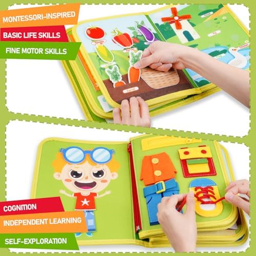 Montessori Busy Book for Toddlers 1-3, 20-in-1 Quiet Book with Bonus Animal Finger Puppets, Sensory Travel Activity Book for Toddlers, Educational Toy for Fine Motor Skills & Early Learning - Image 4