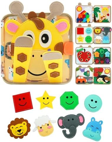 BizyKoady Busy Book for Toddlers 1-3, Montessori Toys for 1 Year Old, Kids Travel Toys, Educational Activity Book, Birthday Gifts for Boys & Girls, Washable Felt Busy Board, Giraffe by BizyKoady