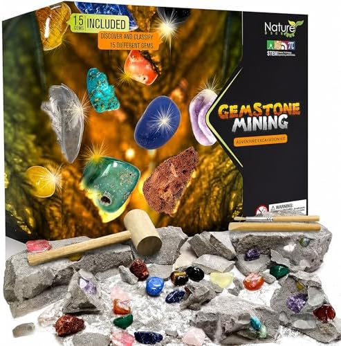 Nature Gear Gemstone Dig Kit for Kids, Educational Crystal Excavation Kit with 15 Mystery Gems, Interactive Adventure Fossil Mining Toy for Kids Age 3-5 and Up by NatureGear