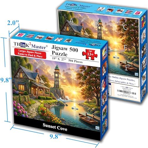 Think2Master Sunset Cove 500 Pieces Large Format Jigsaw Puzzle: 13+, Teens, Adults & Families. Vibrant Natural Landscape Painting with a Stone Cottage, Lighthouse, Golden Sunset. Size: 26.8” X 18.9” - Image 4