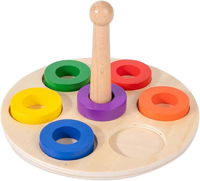 Adena Montessori Wooden 6 Rings on Peg Stacking and Sorting Ring, Wooden Rainbow Stacking Rings Baby Toy, Stacker Toys for Infants and Toddlers, Wood Educational Developmental Toy Multicolor