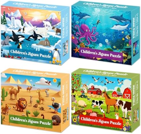 4-Pack 100 Piece Puzzles for Kids Ages 4-6 6-8 8-10 10-12, Farm Desert Polar Seaworld Kids Puzzles Ages 3-5 4-6 5-8 8-10, Learning Educational Jigsaw Puzzles 100 Pieces, Gifts for Girls Boys 15x10in by Unknown