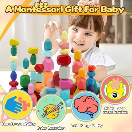 MEGRANATE 39PCS Montessori Wooden Stacking Rocks Toys Colorful Stacking Stones Building Blocks Games Sensory Toy for Kids Educational Learning Toys for 3+ Years Old Kids - Image 5