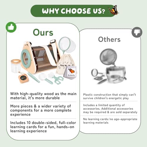 Bug Catcher for Kids, Wooden Bug Catching Outdoor Toys for Ages 4-8, STEM Explorer Activities with Butterfly Net Magnifying Glass Tweezers Insect Habitat Observation Cup Storage Bag Learning Cards - Image 5