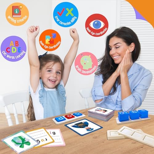 154 PCS Wooden CVC Word Spelling Game, Short Vowel Spelling Flashcards Sight Words Flash Cards Montessori Early Educational Toys for Preschool Kindergarten (5 Dry Erase Marker Included) - Image 5