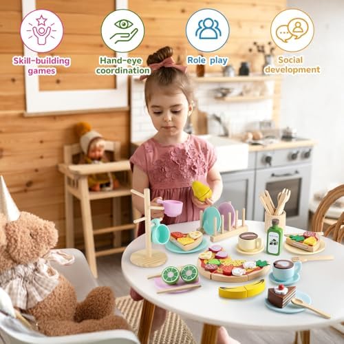 GAGAKU Kids Wooden Play Dishes Set -27Pcs Montessori Play Kitchen Accessories Plates and Bowls Set, Storage Stand & Play Food, Pretend Cooking Toys for Ages 3-5, Educational Gift for Toddler - Image 4