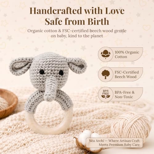 Néa Archí Crochet Baby Rattle, Organic Cotton & Beech Wood, Elephant - Image 6