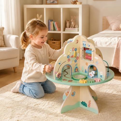 Wooden Activity Table for Toddlers - Forest Animal Multifunctional Play Center with Gears, Shape Sorters, Bead Maze, Montessori Educational Toy, Fine Motor Skills Toy for Babies 12+ Months - Image 5