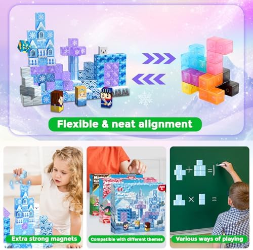 Magnetic Blocks - 100Pcs 0.8in Magnetic Building Block for Kids Ages 4-8, Transparent Magnet Block Blue Princess Castle, Frozen Magnetic Cubes Tiles Princess Toy for Girl 3 4 5 6 7 8-12 Birthday Gift - Image 6