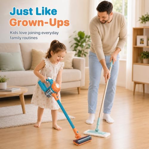 3-in-1 Kids Vacuum that Really Works - Toddler Vacuum Cleaner with Real Suction, Pretend Play Housekeeping & Cleaning Toy Set for Kids Ages 3+ (Blue) - Image 4