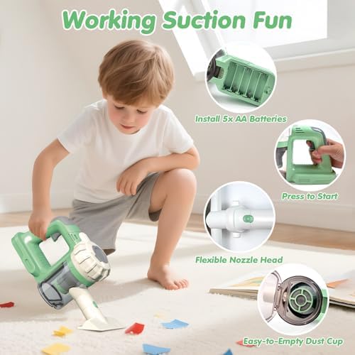 3-in-1 Kids Vacuum that Really Works with Real Suction, Cordless Toddler Toy Vacuum Cleaner, Interactive Pretend Play Cleaning Set for Ages 3+ (Green) - Image 6
