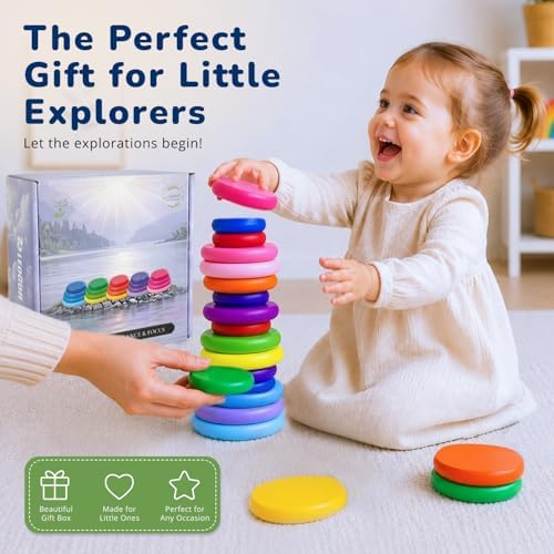 LEOGOR Extra-Large Wooden Stacking Rocks (20 PCS) – Montessori Balancing Stones for Toddlers 1-3 – Safe Sensory Open Ended Play Toys & STEM Building Blocks for Boys & Girls - Image 6