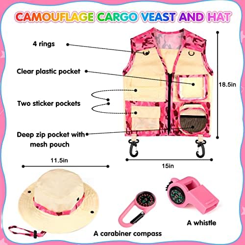 INNOCHEER Kids Explorer Kit & Bug Catcher Kit & Safari Costume Kit, Outdoor Exploration Set with Hat, Vest, Butterfly Net and Bugs Book for Boys Girls 3-12 Years Old (Camouflage Pink) - Image 3