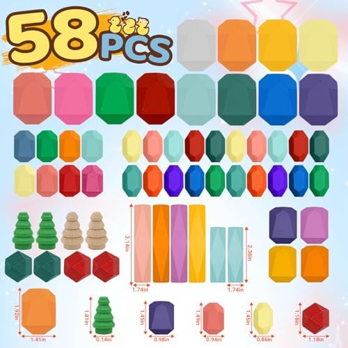 MEGRANATE 58PCS Montessori Wooden Stacking Rocks Toys Colorful Stacking Stones Building Blocks Games Sensory Toy for Kids Educational Learning Toys for 3+ Years Old Kids - Image 2