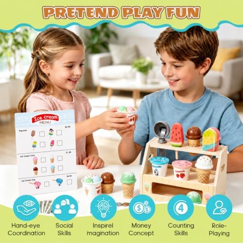 BROWNROOT Wooden Ice Cream Shop Toy with Menu and Play Money for Kids - Image 3