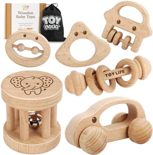 TOY Life Wooden Toys Cars, Montessori Baby Toys 6-12 Months, Wooden Baby Toys Rattle Cars for Toddlers 1-3, Baby Boy Nursery Decor, Montessori Toys for 1 Year Old Boy (6 PCS Rattle Set) by TOYLife