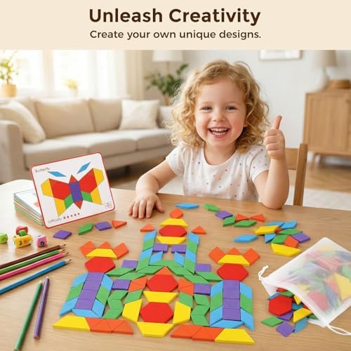 LovesTown Pattern Blocks, Wooden, 150pcs - Image 6