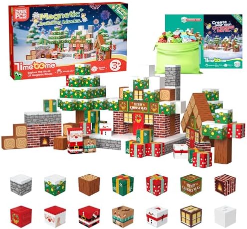 Magnetic Blocks, 200PCS Magnetic Building Block Cubes, STEM Montessori Sensory Toys for Kids Boys Girls Ages 3 4 5 6 7 8 9 10 (Christmas Version) by TIMETOME