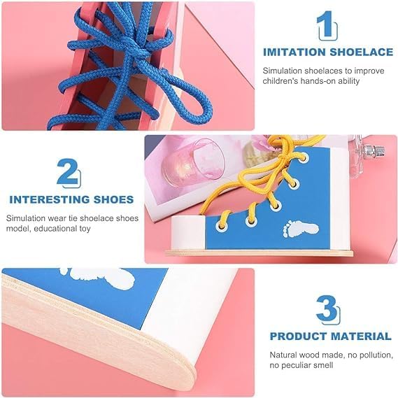 Mikily's Learn to Tie Shoes for Kids - Wooden Lacing Toy Shoe Tying & Practice Kit - Knot Tying Tool, Pick&blue - Image 5