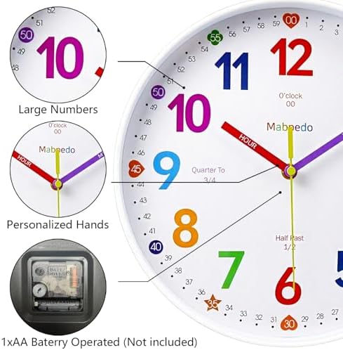 10 Inch Classroom Clock for Kids Learning, Learning Wall Clock, Wall Clocks Battery Operated Teaching Silent Analog Clocks for Bedroom Classroom Decor Homeschool Supplies, White - Image 6