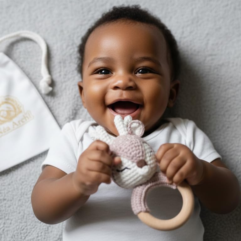 Néa Archí Crochet Baby Rattle, Organic Cotton & Beech Wood, Deer - Image 3