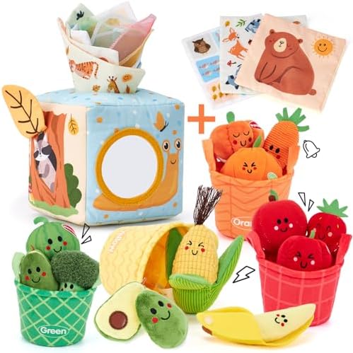 hahaland Baby Tissue Box Toy and Sensory Toys - 16 PCS My First Fruit Vegetable Color Sorting Play Food, Baby Toys 6-12 Months Montessori Toys for 6 Month Old, Boy Girl Shower Gifts for Babies by hahaland