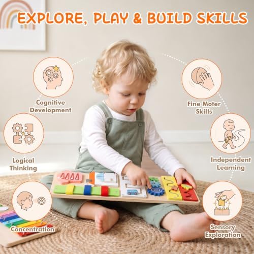 Montessori Busy Board for Toddlers 1-3, 2 Pcs Wooden Sensory Activity Board - Image 2