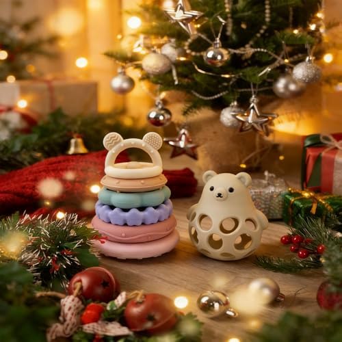 Stacking Rings Baby Toy, 7-Piece Silicone Baby Teething Toy, 6M+ Pink Jenga - Image 6