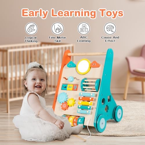 LOL-FUN Push Walker for Baby 12 Months Wooden Toy with Wheels-Orange/Blue - Image 4